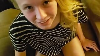 An amateur blonde teen is a barely legal stepsister with a perfect body in the POV of her stepbrother who seduces her to fuck him hard.