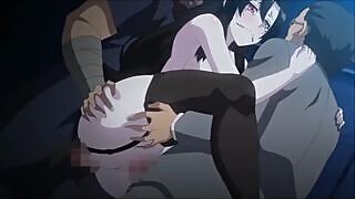 This thick hentai slut gets double-penetrated and pounded hard by two neighbors. These two men double-penetrate this thick hentai slut and cum all over her body.